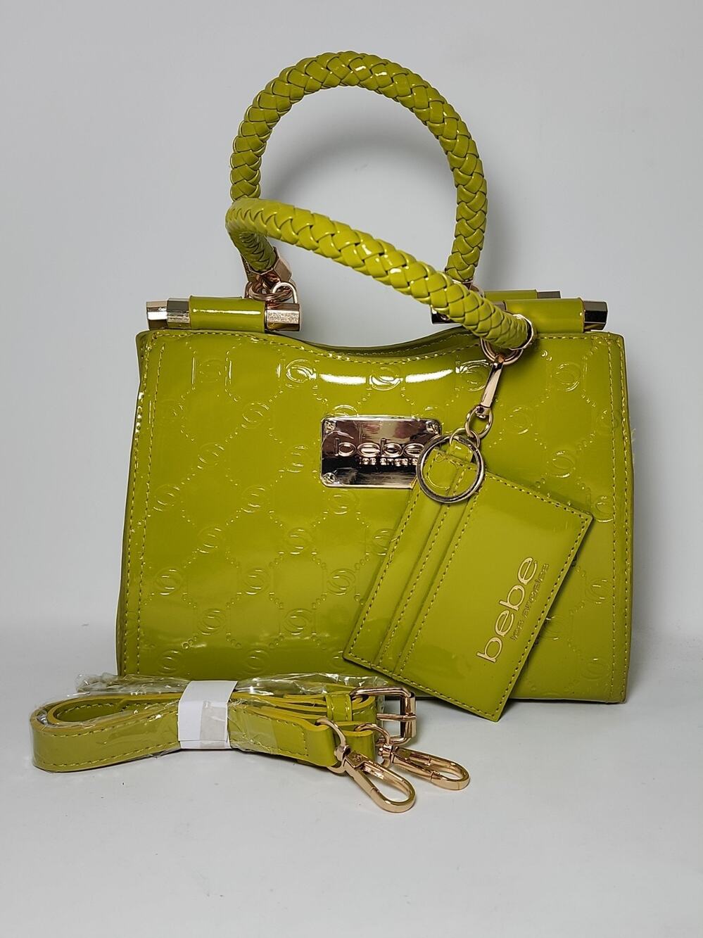 Bebe Dana Monogram Top Handle Crossbody Seagrass -Card Holder & Gold Hardware